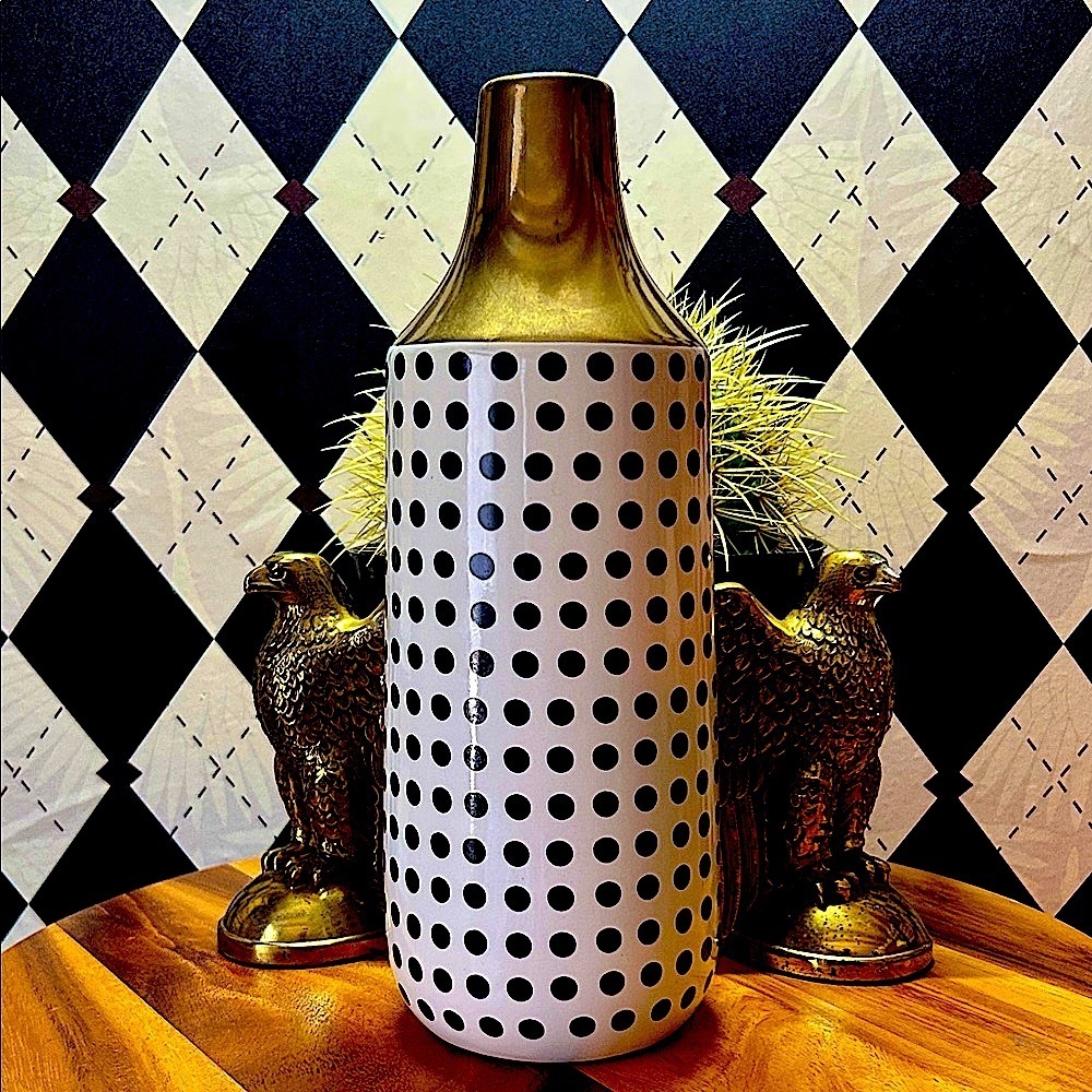 Black, White & Gold Polka Dot‎ Ceramic Vase - Gold Neck – 12” Modern Classic - Picture 8 of 9